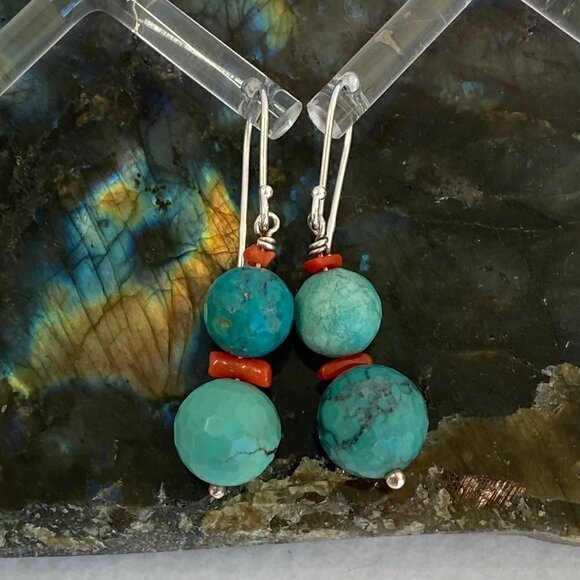 Sterling Silver 925 1.7" Faceted Turquoise Red Coral Beaded Dangle Drop Earrings - Picture 11 of 16
